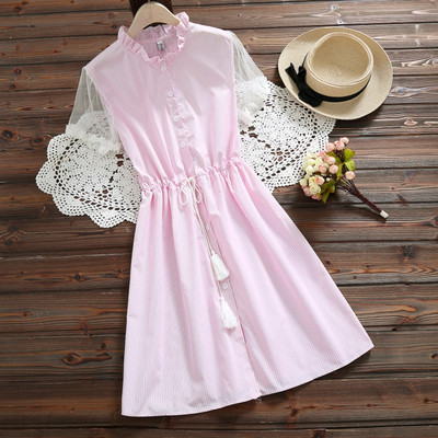 Rochie moderna de dama cu talie inalta in albastru si roz