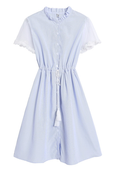 Rochie moderna de dama cu talie inalta in albastru si roz