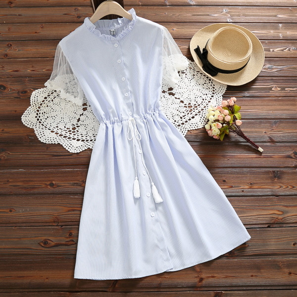 Rochie moderna de dama cu talie inalta in albastru si roz