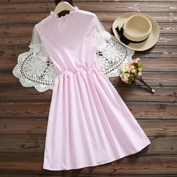 Rochie moderna de dama cu talie inalta in albastru si roz