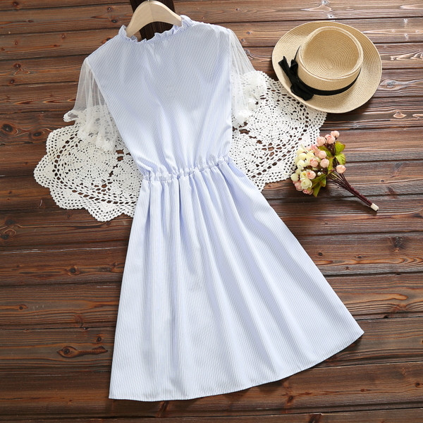 Rochie moderna de dama cu talie inalta in albastru si roz