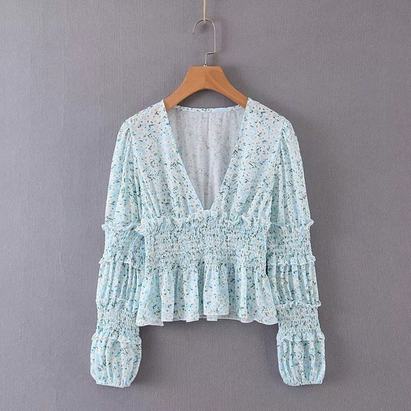 Új modell modern női blúz V-nyakú kék színben