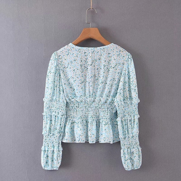 Új modell modern női blúz V-nyakú kék színben