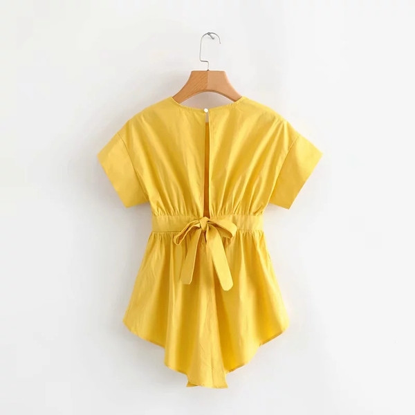 Női blúz O-nyakú, rövid ujjú sárga és fehér színben