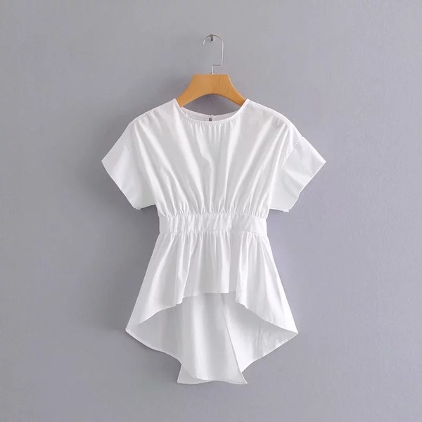 Női blúz O-nyakú, rövid ujjú sárga és fehér színben