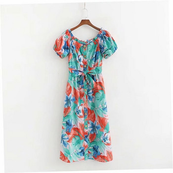 Rochie de dama cu model floral si maneci scurte