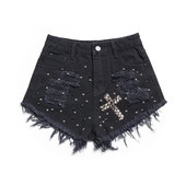 Farmer rövidnadrág szakadt motívumokkal és fém lyukakkal, fekete színben