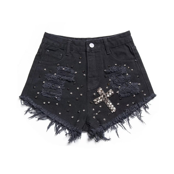 Farmer rövidnadrág szakadt motívumokkal és fém lyukakkal, fekete színben