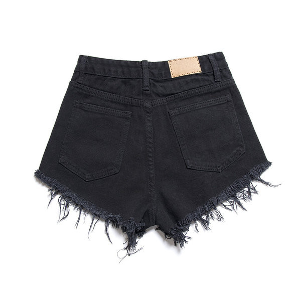Farmer rövidnadrág szakadt motívumokkal és fém lyukakkal, fekete színben