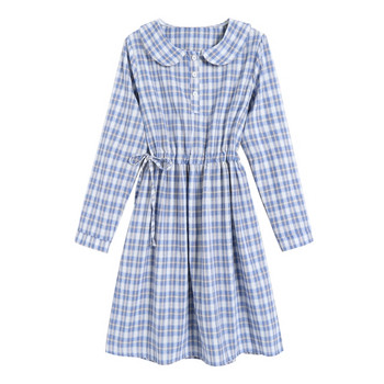 Rochie dama in carouri cu talie elastica de culoare albastra