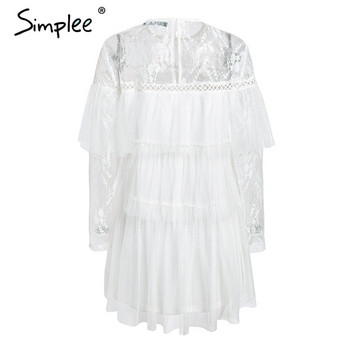 Rochie moderna de dama cu maneci lungi si dantela in alb