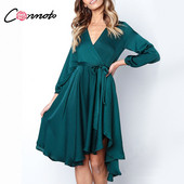 Rochie moderna de dama cu maneci lungi si decolteu in V in doua culori