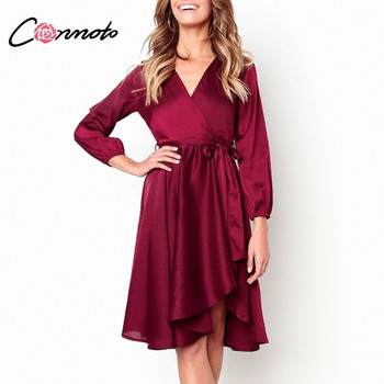 Rochie moderna de dama cu maneci lungi si decolteu in V in doua culori