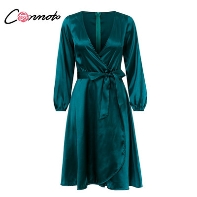 Rochie moderna de dama cu maneci lungi si decolteu in V in doua culori