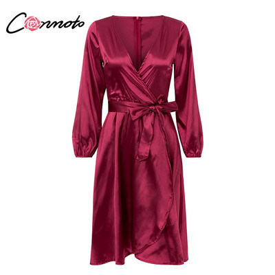 Rochie moderna de dama cu maneci lungi si decolteu in V in doua culori