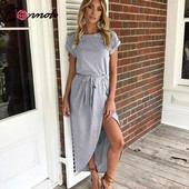 Alkalmi női ruha rövid ujjú, szürke O-nyakkal