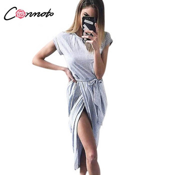 Alkalmi női ruha rövid ujjú, szürke O-nyakkal