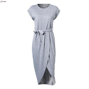 Alkalmi női ruha rövid ujjú, szürke O-nyakkal