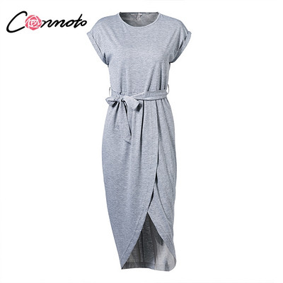 Alkalmi női ruha rövid ujjú, szürke O-nyakkal