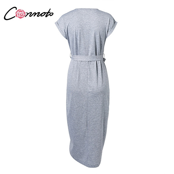 Alkalmi női ruha rövid ujjú, szürke O-nyakkal