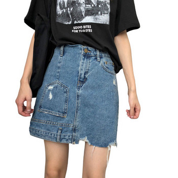 Fusta modernă scurtă din denim cu talie înaltă în albastru