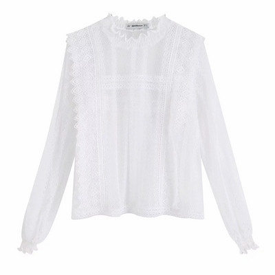 Cămașă modernă de damă transparentă cu mâneci lungi în culoarea albă