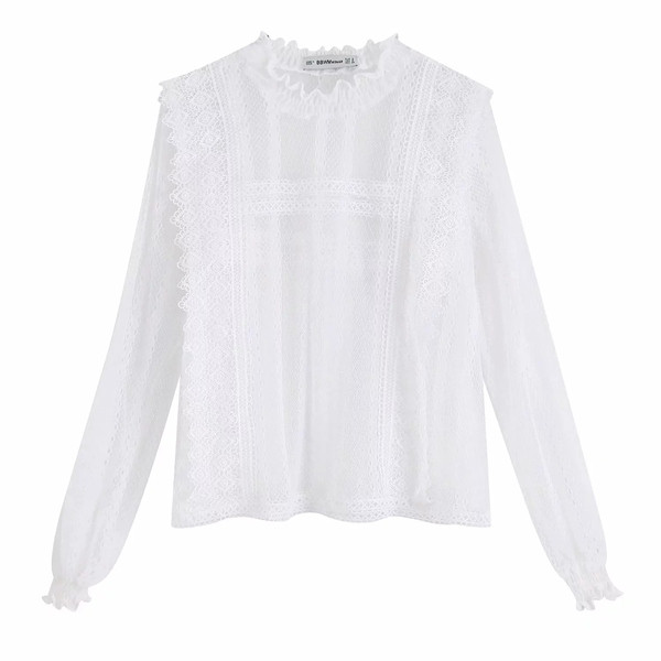 Cămașă modernă de damă transparentă cu mâneci lungi în culoarea albă