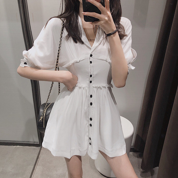 Rochie casual de dama alb cu decolteu in V