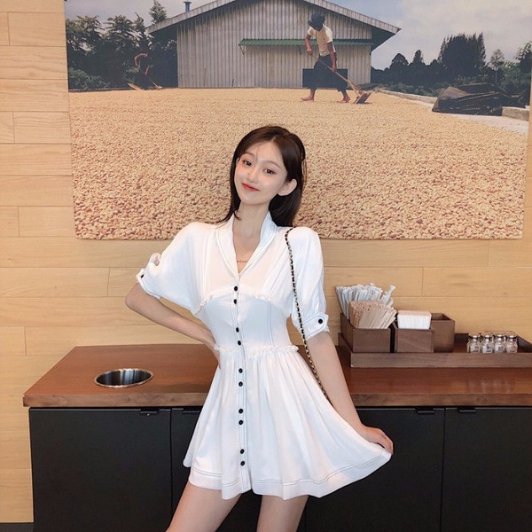 Rochie casual de dama alb cu decolteu in V