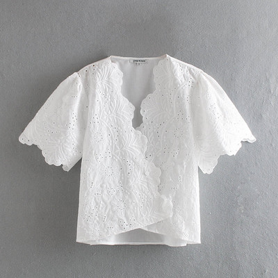 Bluză de damă modernă cu decolteu în V în roșu și alb