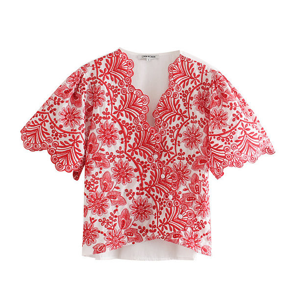 Bluză de damă modernă cu decolteu în V în roșu și alb