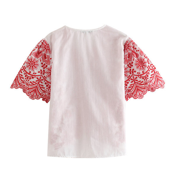 Bluză de damă modernă cu decolteu în V în roșu și alb