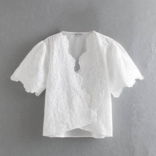 Bluză de damă modernă cu decolteu în V în roșu și alb