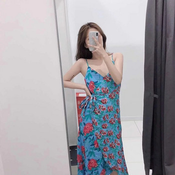 Rochie de dama cu bretele subtiri in albastru - model asimetric