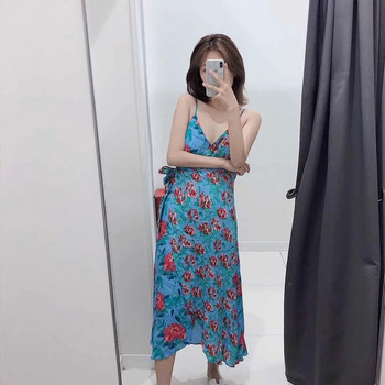 Rochie de dama cu bretele subtiri in albastru - model asimetric