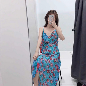 Rochie de dama cu bretele subtiri in albastru - model asimetric