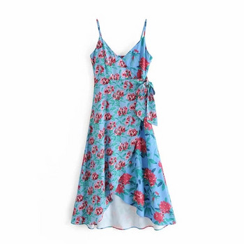 Rochie de dama cu bretele subtiri in albastru - model asimetric