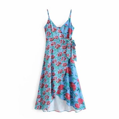 Rochie de dama cu bretele subtiri in albastru - model asimetric