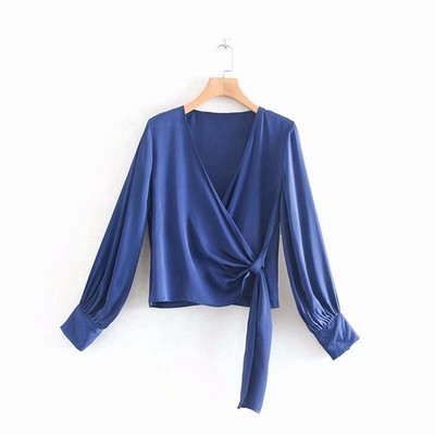 Cămașă elegantă de damă cu cravate în albastru