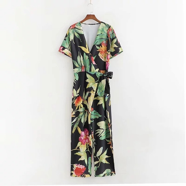 Salopetă de damă modernă cu model floral și mâneci scurte