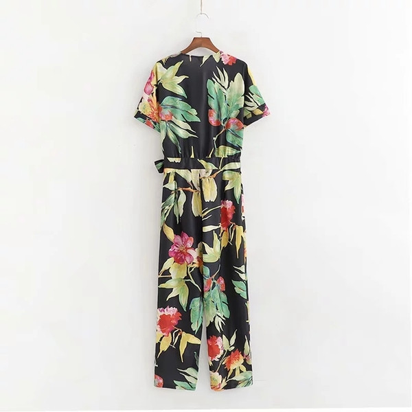 Salopetă de damă modernă cu model floral și mâneci scurte