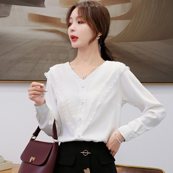 Cămașă modernă de damă în alb și roz cu nasturi