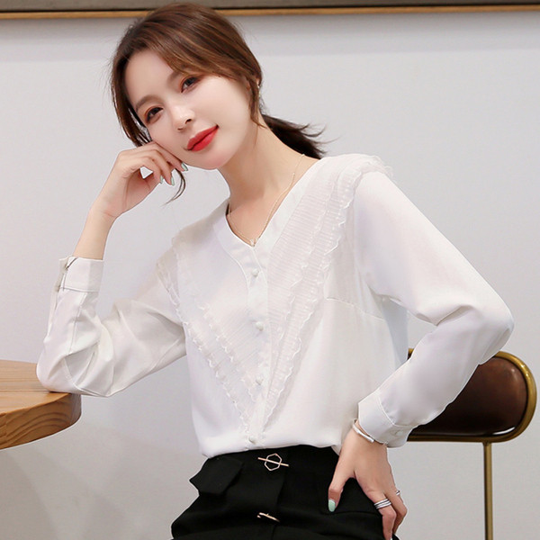 Cămașă modernă de damă în alb și roz cu nasturi