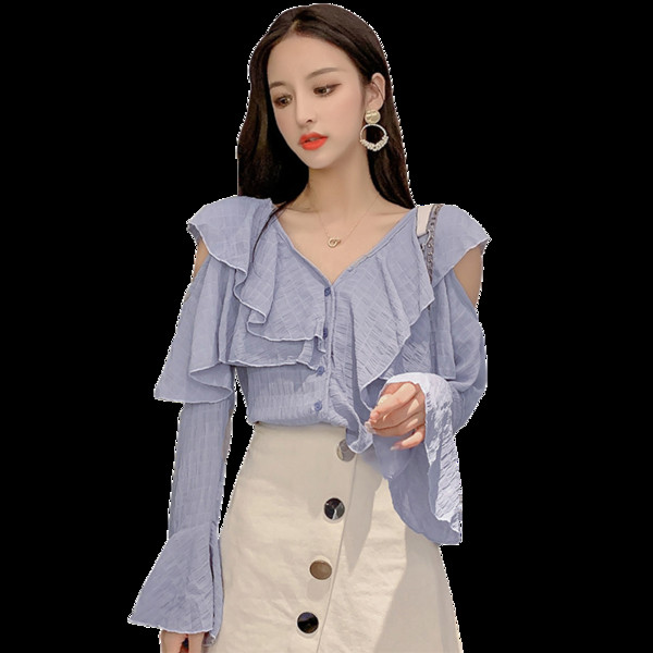 Cămașă elegantă de damă în alb și albastru, cu decolteu în V