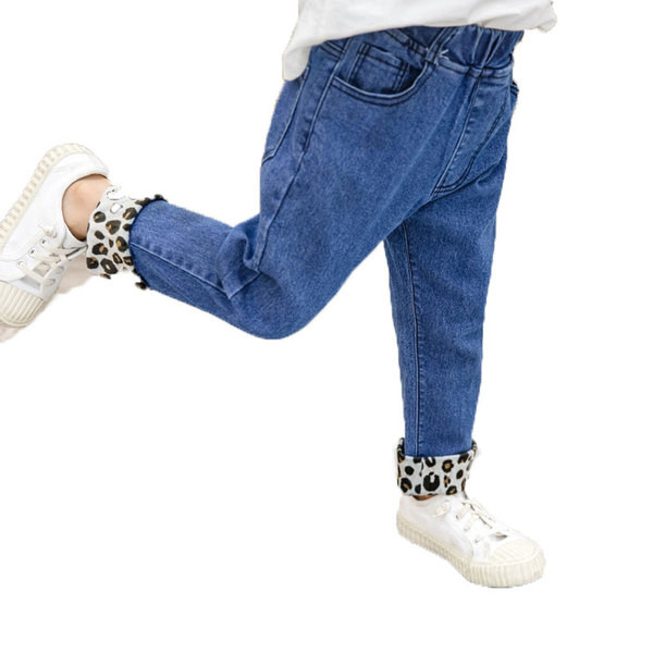 Blugi de copii actuali pentru fete cu motive leopard in albastru si negru