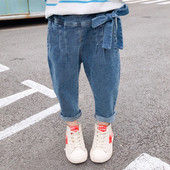 Blugi casual pentru copii pentru fete cu panglica in albastru