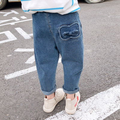 Blugi casual pentru copii pentru fete cu panglica in albastru