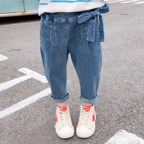 Blugi casual pentru copii pentru fete cu panglica in albastru