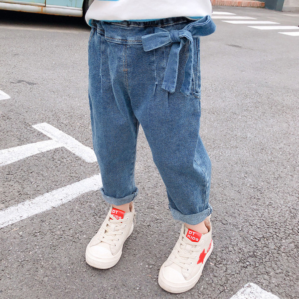 Blugi casual pentru copii pentru fete cu panglica in albastru