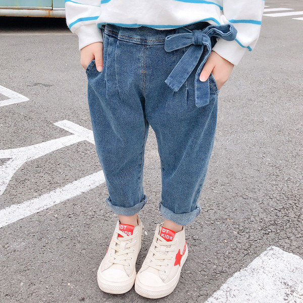 Blugi casual pentru copii pentru fete cu panglica in albastru